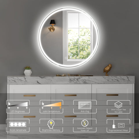 Miroir de salle de bain rond à LED de 71 cm (28 po) – Fixation murale pour plus de commodité 