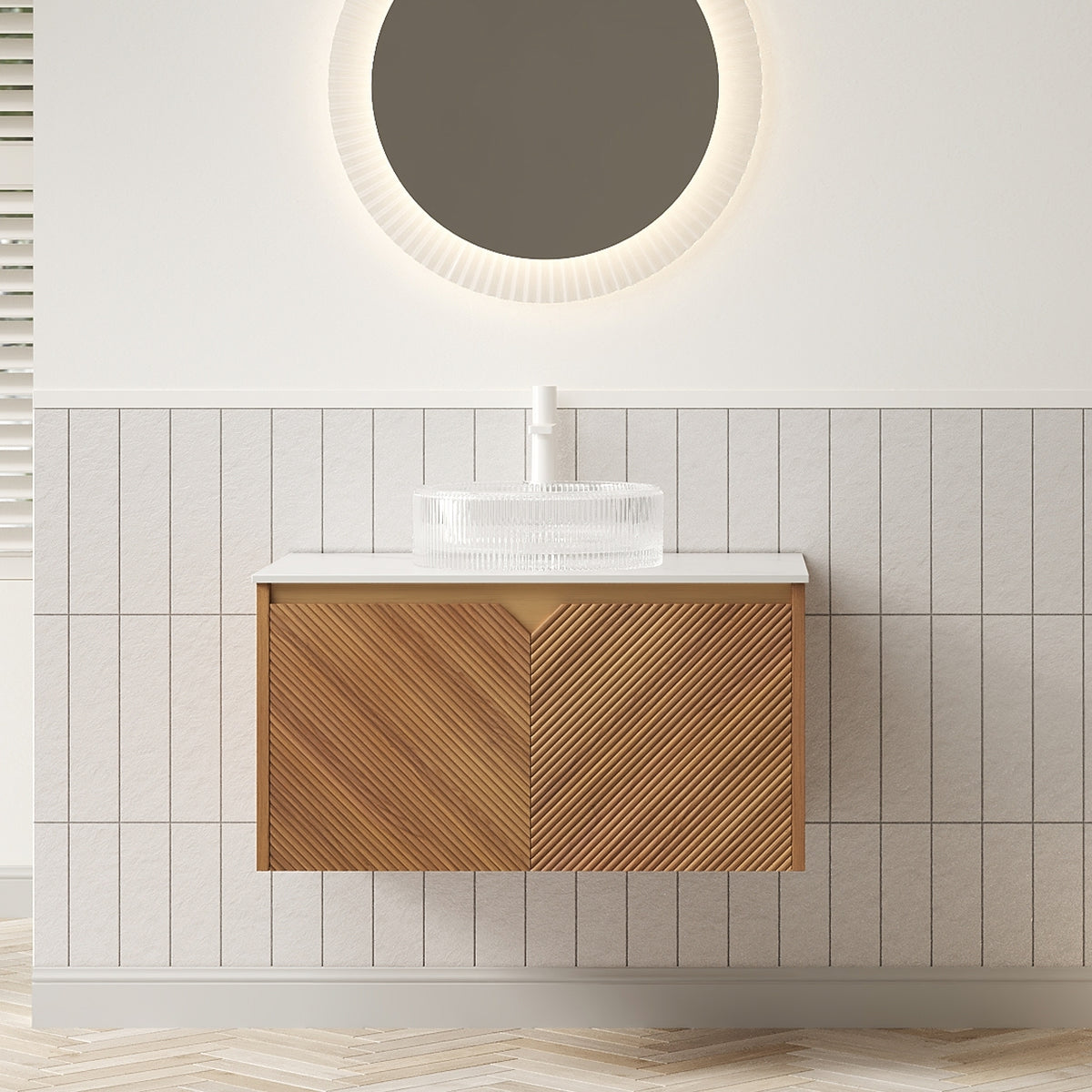 AISU 30" Bathroom Vanity&Sink, Floating Plywood Storage Cabinet, Twill Double Doors with Metal Trim, Transparent Round Glass Vessl Basin&Carrara White Sintered Stone Top, Brown Oak Woodgrain Color
