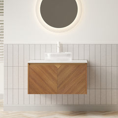 AISU 30" Bathroom Vanity&Sink, Floating Plywood Storage Cabinet, Twill Double Doors with Metal Trim, Transparent Round Glass Vessl Basin&Carrara White Sintered Stone Top, Brown Oak Woodgrain Color