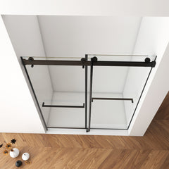 Porte de douche coulissante double sans cadre (142 à 152 cm de largeur x 178 cm de hauteur), verre feuilleté de 8 mm (5/16 po), verre trempé de qualité supérieure, revêtement double face facile à nettoyer, finition noir mat avec tampon. 