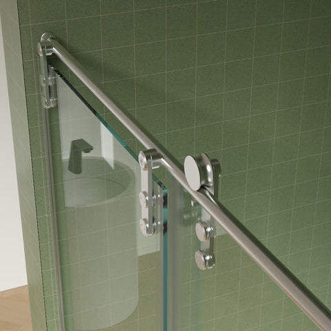 Porte de douche coulissante sans cadre avec porte-serviettes (56 à 60 po de largeur x 70 po de hauteur), verre trempé de qualité supérieure de 8 mm d'épaisseur, revêtement double face facile à nettoyer, finition nickel brossé avec tampon. 