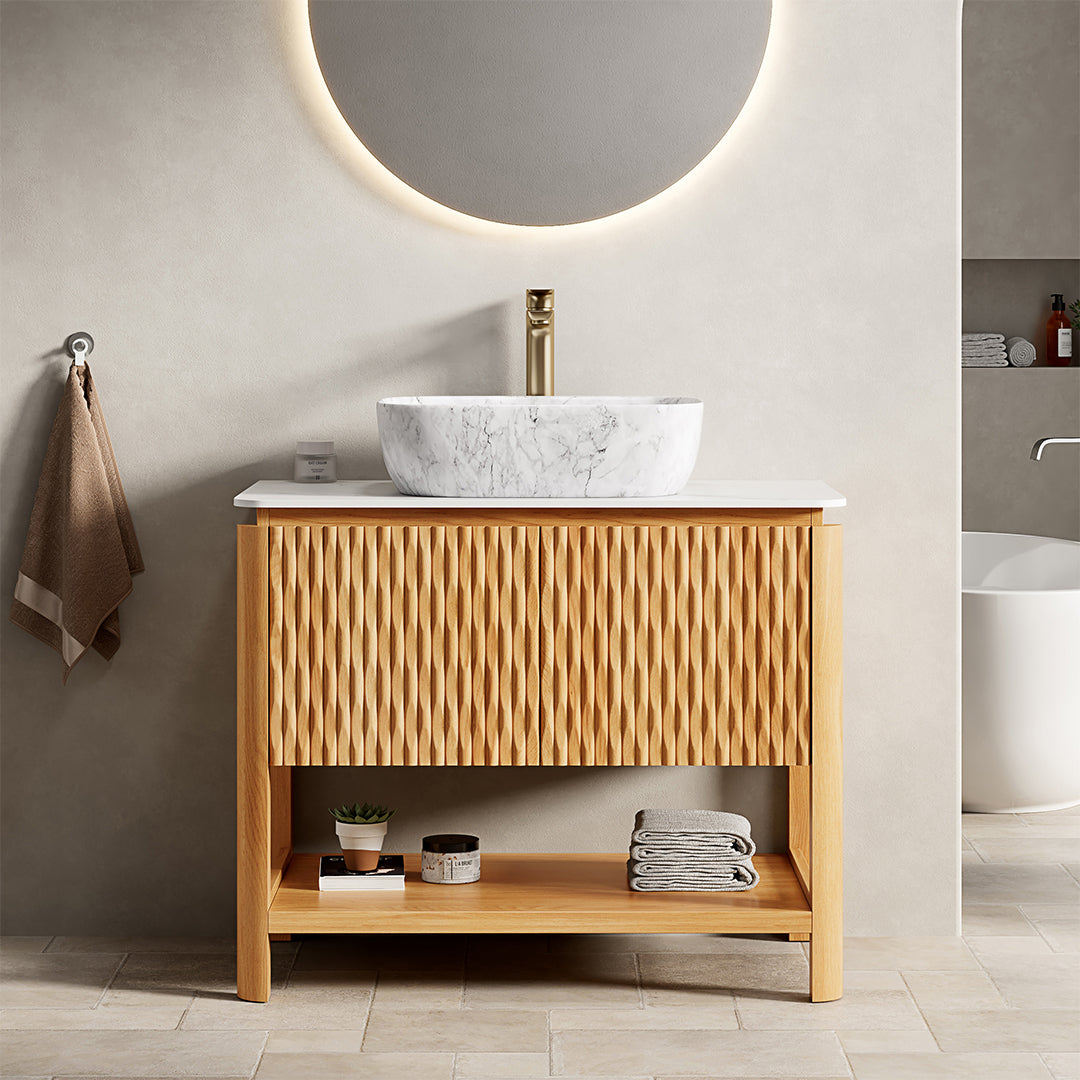 AISU FacetGrid 36" Bathroom Vanity Freestanding Plywood Cabinet with 2 Bamboo Texture Doors&Open Shelf, Marble Pattern Ceramic Basin&Carrara White Sintered Stone Top, Woodgrain Color