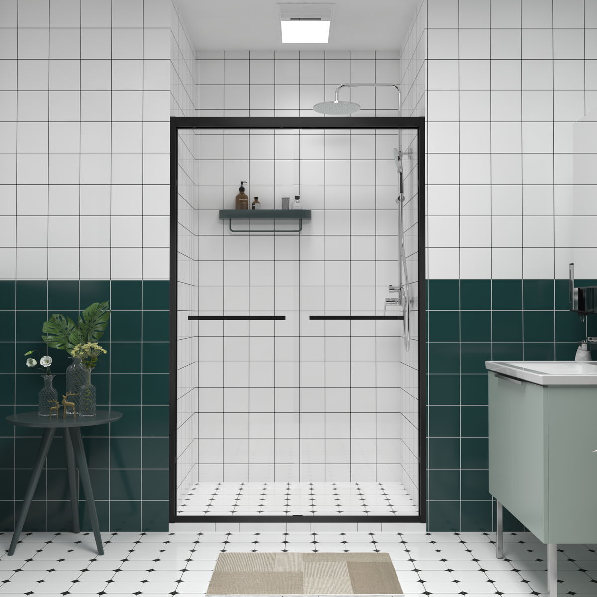AISU 44-48"x76" Aluminum Frame Double Sliding Shower Door, Premium 1/4' (6mm) Clear Tempered Glass, Matte Black Finished