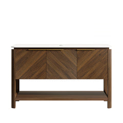 AISU 48" Freestanding Cabinet with 3 Doors&Open Shelf, Carrara White Sintered Stone Top, NO Basin, NO Faucet and Drain, Dark Walnut Woodgrain