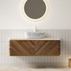 AISU Lumierge 48" Floating Plywood Bathroom Vanity, Marble Pattern Ceramic Vessel Basin&Sintered Stone Top, Pre-assembled, Dark Walnut Woodgrain Color