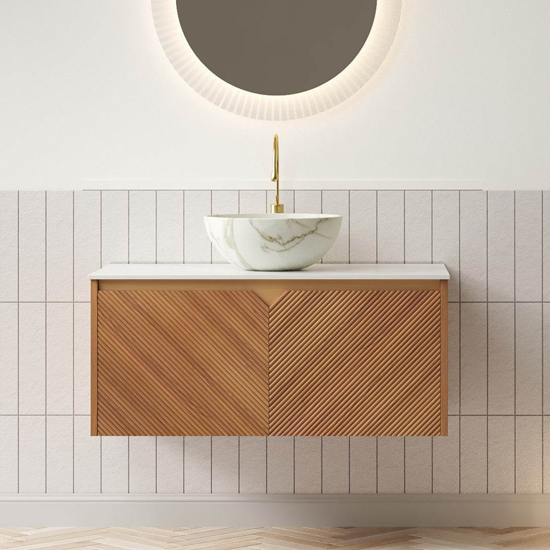 AISU 36" Bathroom Vanity&Sink, Floating Plywood Storage Cabinet, Twill Double Doors with Metal Trim, Stone Pattern White Bowl Ceramic Vessel Basin&Sintered Stone Top, Brown Oak Woodgrain Color