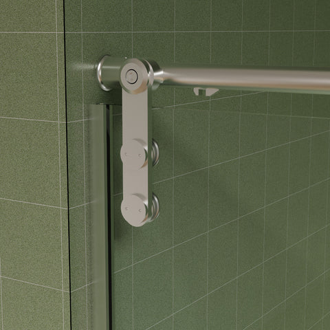 Porte de douche coulissante sans cadre avec porte-serviettes (56 à 60 po de largeur x 70 po de hauteur), verre trempé de qualité supérieure de 8 mm d'épaisseur, revêtement double face facile à nettoyer, finition nickel brossé avec tampon. 
