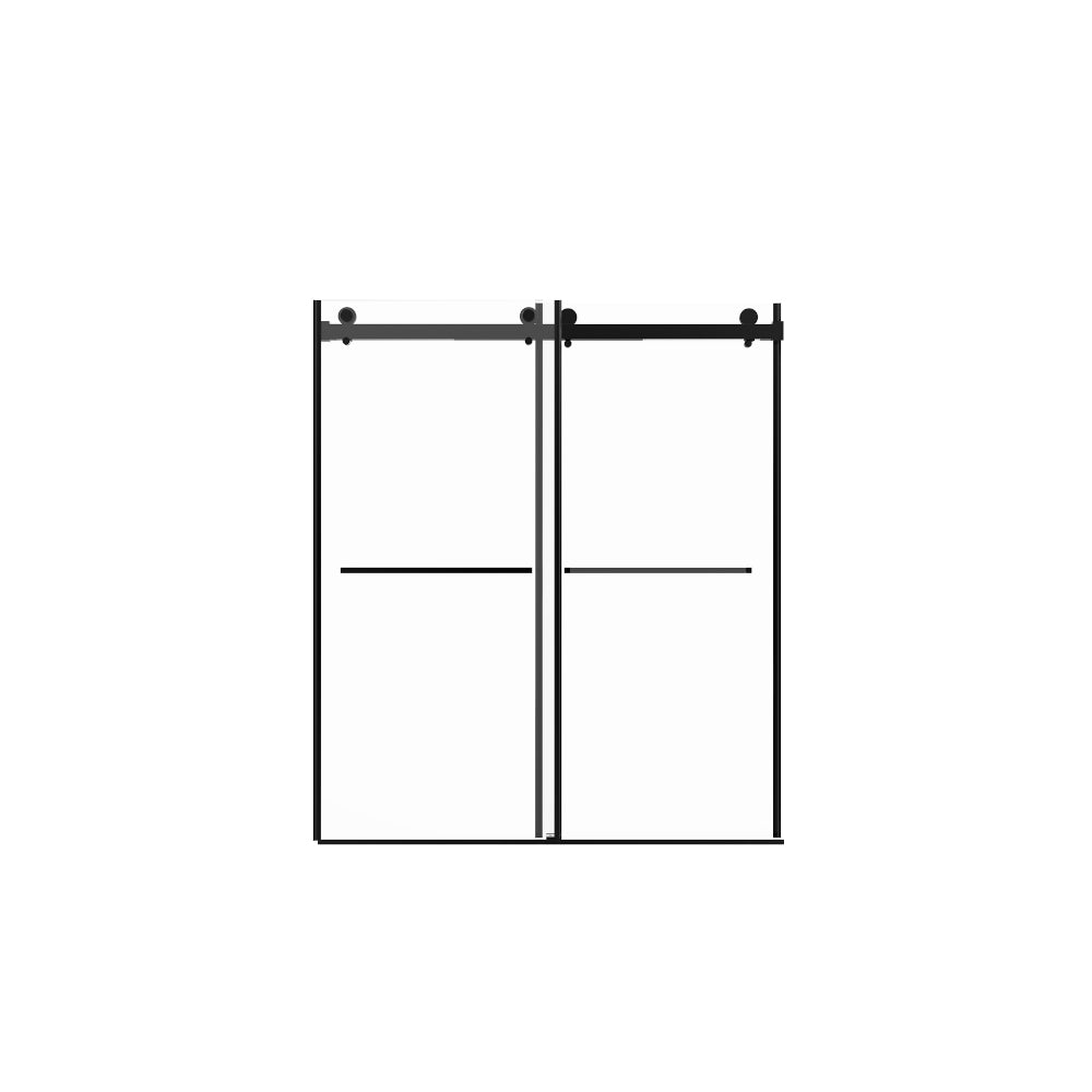 Porte de douche coulissante double sans cadre (142 à 152 cm de largeur x 178 cm de hauteur), verre feuilleté de 8 mm (5/16 po), verre trempé de qualité supérieure, revêtement double face facile à nettoyer, finition noir mat avec tampon. 