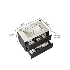 Meuble-lavabo mural de 91 cm avec lavabo en céramique, couleur chêne foncé 