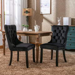 AISU, High-end Tufted Solid Wood Contemporary Velvet Upholstered Dining Chair with Wood Legs Nailhead Trim 2-Pcs Set, Black