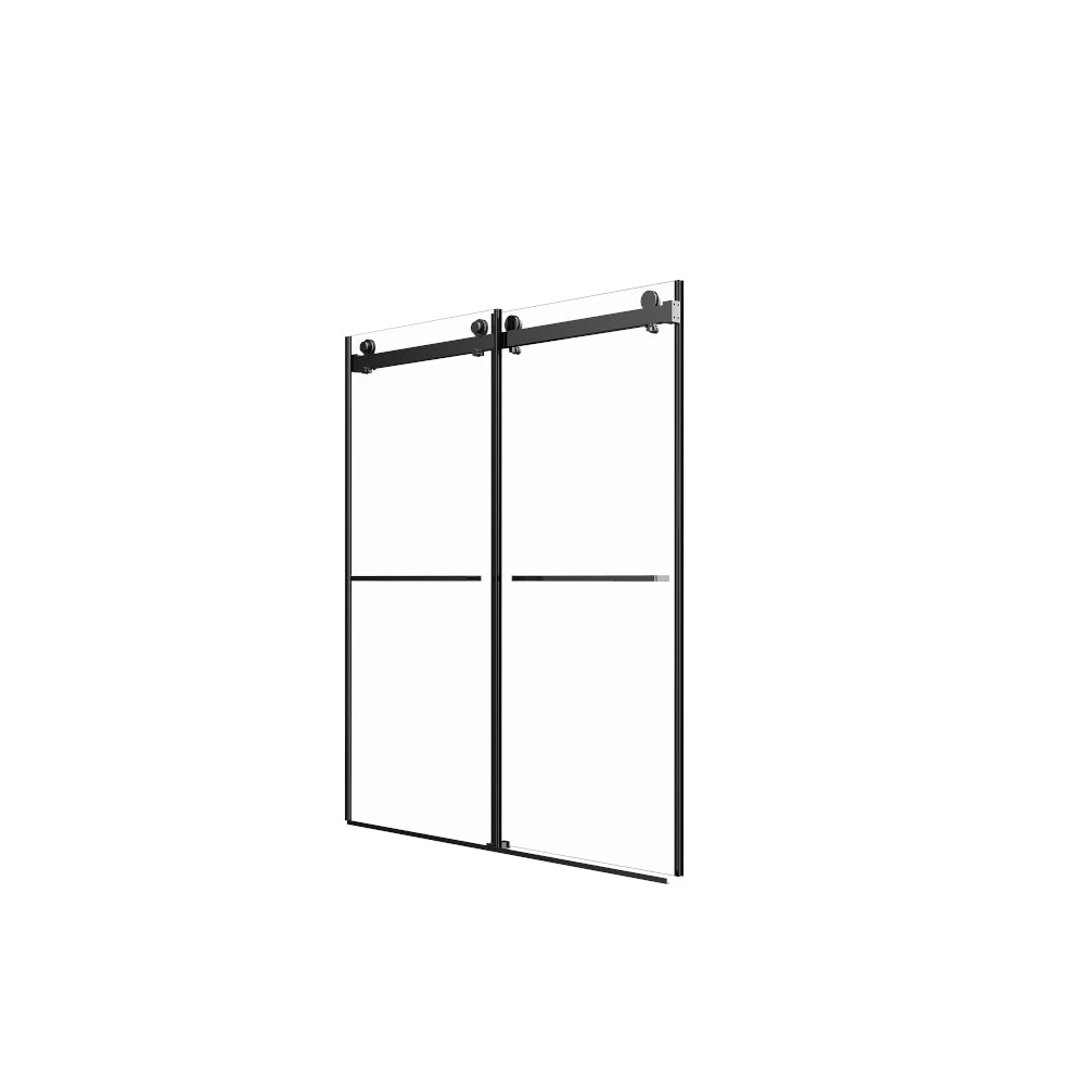 Porte de douche coulissante double sans cadre (142 à 152 cm de largeur x 178 cm de hauteur), verre feuilleté de 8 mm (5/16 po), verre trempé de qualité supérieure, revêtement double face facile à nettoyer, finition noir mat avec tampon. 