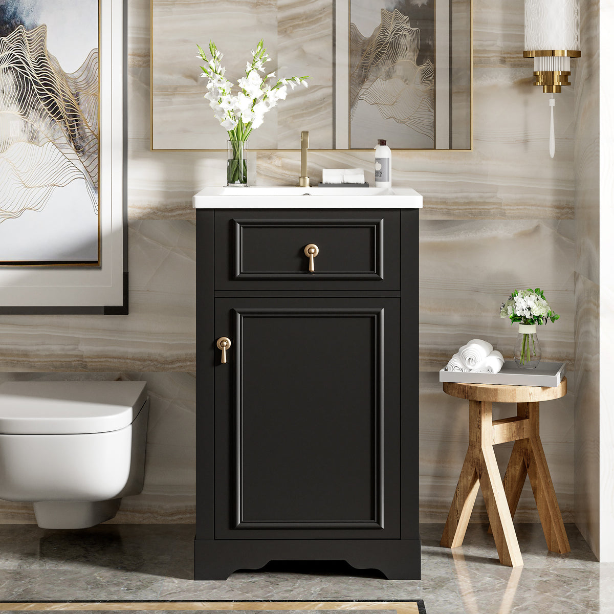 AISU 20" Modern Bathroom Vanity with Ceramic Sink, Black + 1 Door
