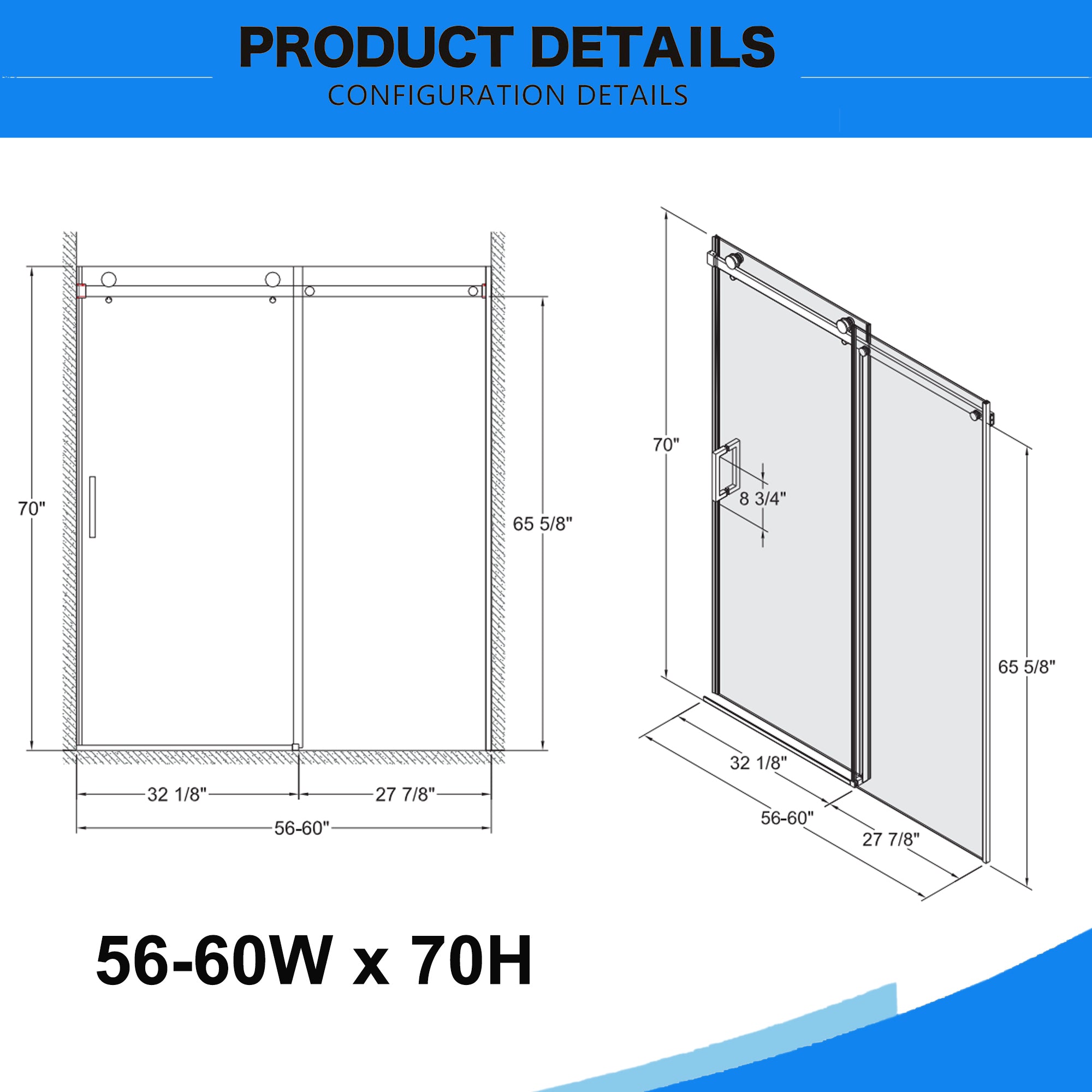 Porte de douche coulissante sans cadre (56 à 60 po l x 70 po H), avec verre trempé de qualité supérieure de 8 mm d'épaisseur, finition noir mat avec tampon 