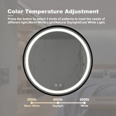 Miroir de salle de bain élégant à LED de 24 pouces, cadre en alliage d'aluminium noir, étanchéité IP54