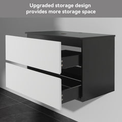 Meuble-lavabo mural AISU 30 po blanc et noir avec lavabo et robinet - Construction en bois