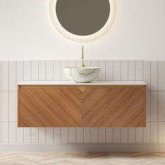 AISU 48" Bathroom Vanity&Sink, Floating Plywood Storage Cabinet, Twill Double Doors with Metal Trim, Stone Pattern White Bowl Ceramic Vessel Basin&Sintered Stone Top, Brown Oak Woodgrain Color