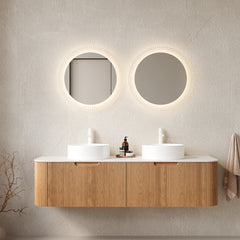 AISU 60" Bathroom Vanity with Sinks, Curved Edges Striped, 2 White Round Ceramic Basins, NO Faucet, Natural Woodgrain Color