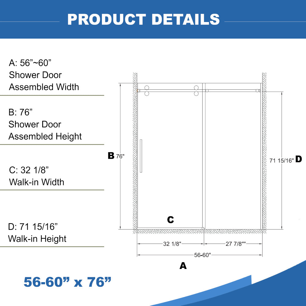 56"-60" B x 70/76" H Rahmenlose Schiebetür für die Dusche, mit hochwertigem 3/8" (10 mm) / 5/16" (8 mm) dickem gehärtetem Glas, beidseitig leicht zu reinigende Beschichtung, Chromoberfläche mit Puffer