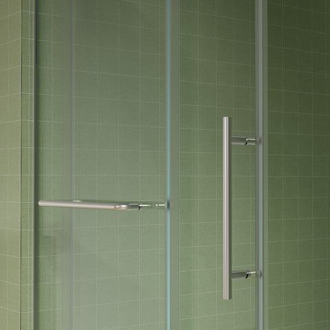 Porte de douche coulissante sans cadre avec porte-serviettes (56 à 60 po de largeur x 70 po de hauteur), verre trempé de qualité supérieure de 8 mm d'épaisseur, revêtement double face facile à nettoyer, finition nickel brossé avec tampon. 
