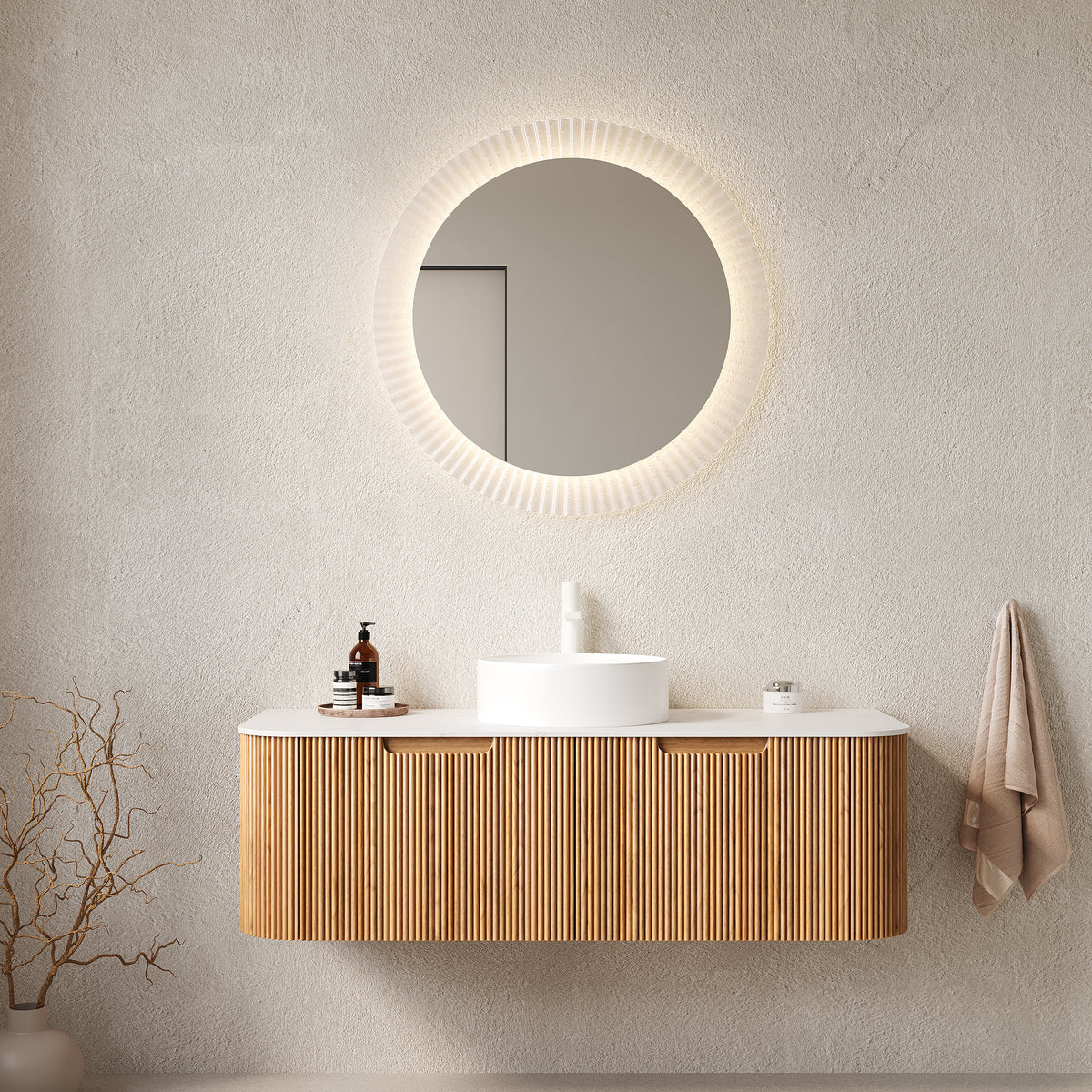 AISU 48" Bathroom Vanity with Sink, Curved Edges Striped, White Round Ceramic Basin without Faucet, Natural Woodgrain Color