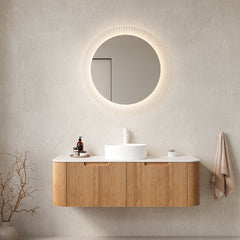AISU 48" Bathroom Vanity with Sink, Curved Edges Striped, White Round Ceramic Basin without Faucet, Natural Woodgrain Color
