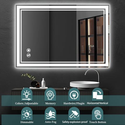 24 x 36 Zoll LED-Badezimmerspiegel mit Antibeschlag, 3 Farben, dimmbar, horizontal/vertikal