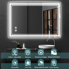 Miroir de salle de bain à DEL 24 x 36 pouces avec antibuée, 3 couleurs, intensité variable, horizontal/vertical