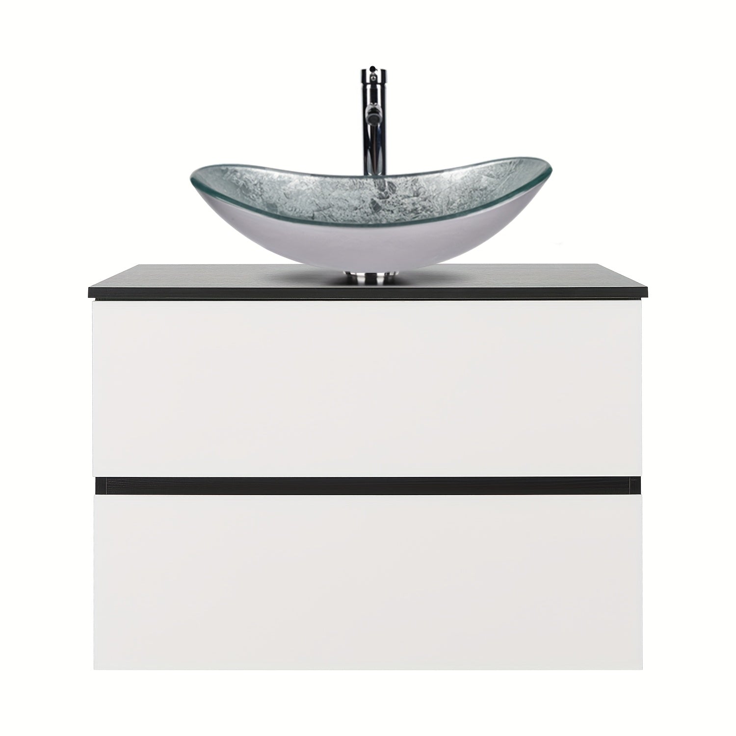 AISU 30" Badezimmer-Waschtischunterschrank in Weiß und Schwarz zur Wandmontage mit Waschbecken und Wasserhahn – Holzkonstruktion