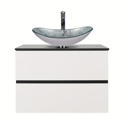 AISU 30" Badezimmer-Waschtischunterschrank in Weiß und Schwarz zur Wandmontage mit Waschbecken und Wasserhahn – Holzkonstruktion