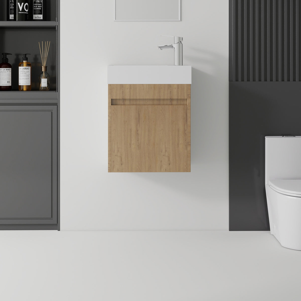 AISU 18 Inch Floating Bathroom Vanity with Sink, Soft-Close Door, Ceramic Sink, Oak