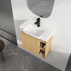 AISU 24" Wall-Mounted Bathroom Vanity with White Ceramic Sink & Soft-Close Door, Compact Idea, KD-Packing, Light Oak