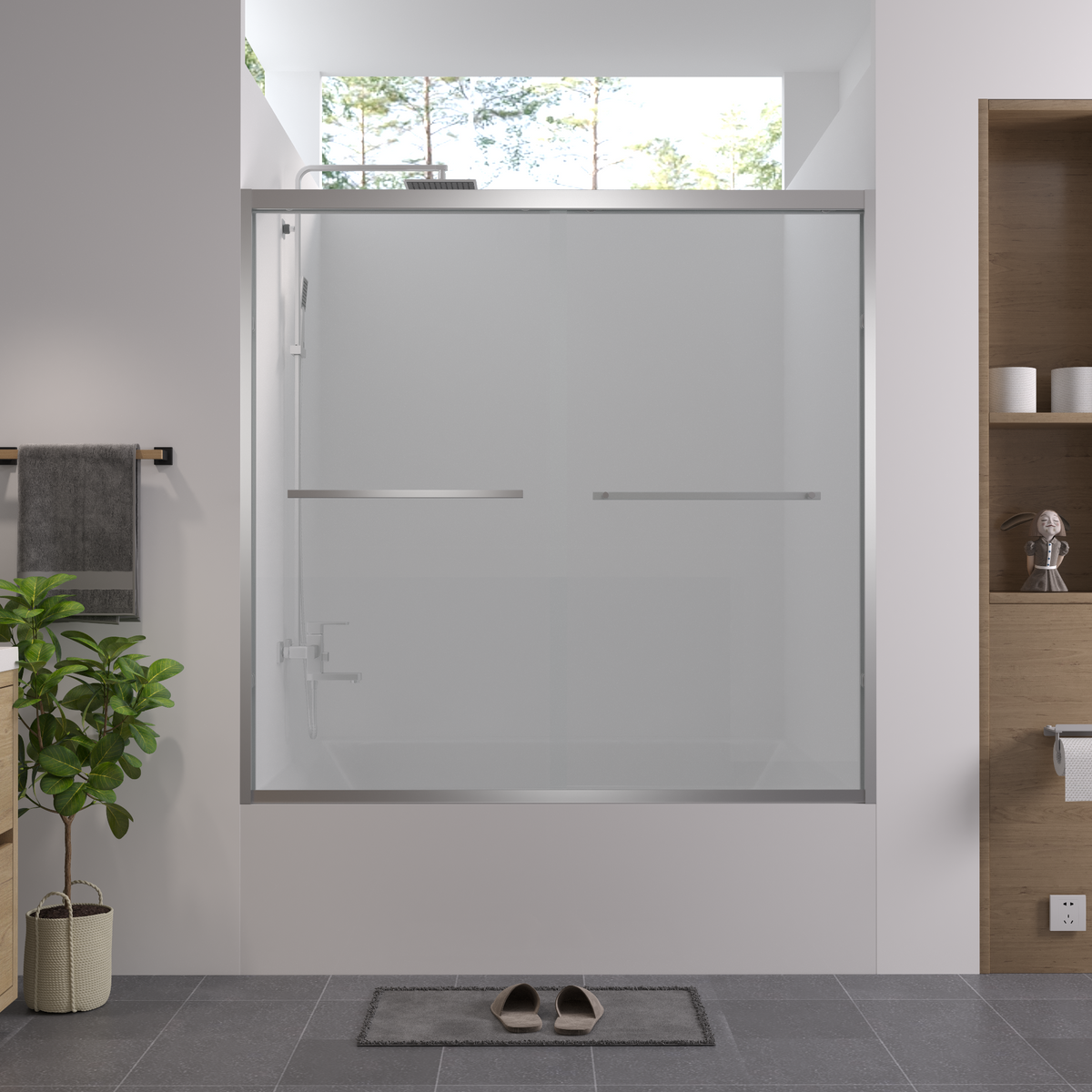 AISU 56-60"x58" Aluminum Frame Double Sliding Bathtub Screen, Premium 1/4' (6mm) Clear Tempered Glass, Chrome Finished