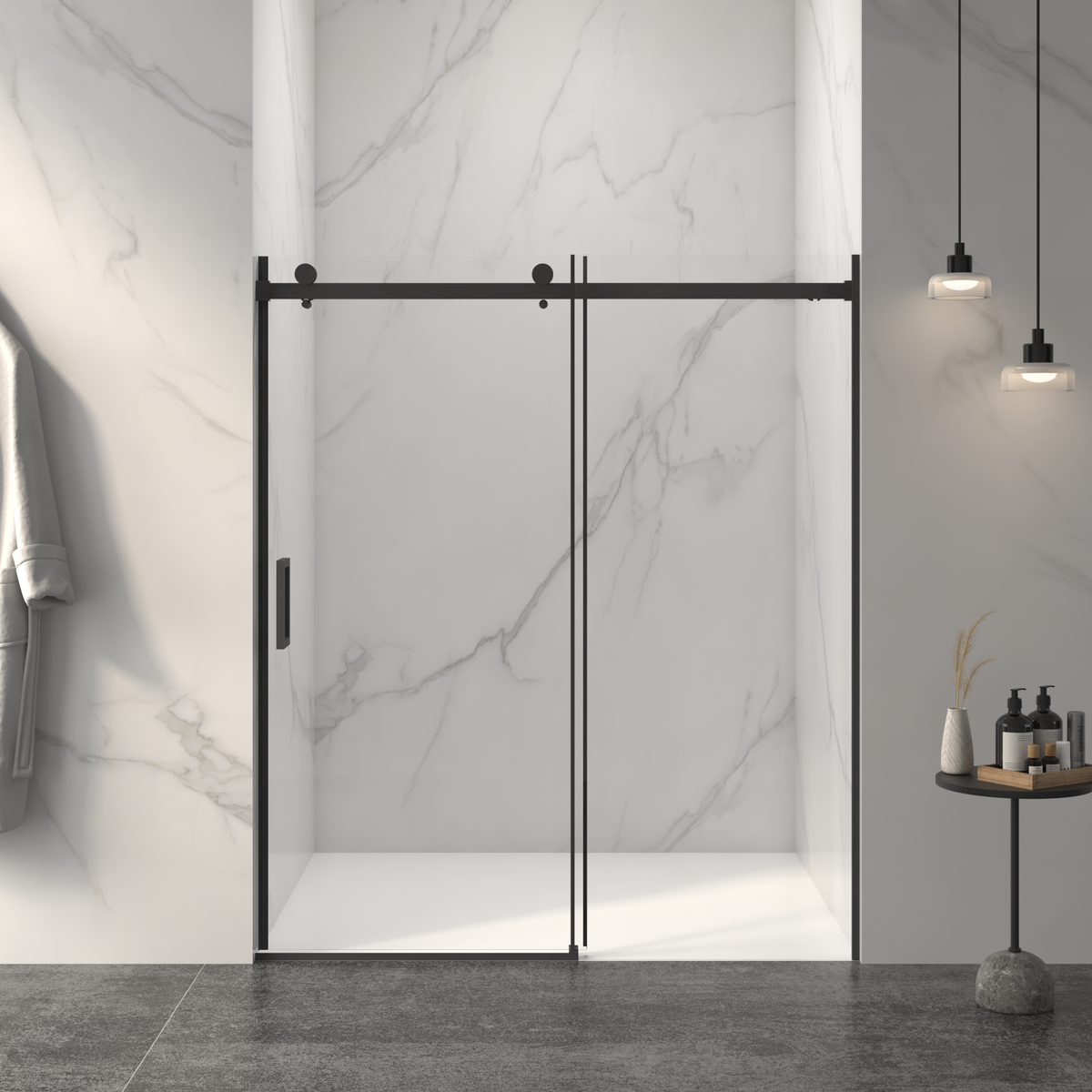 AISU 56-60"W x 72"H Frameless Sliding Shower Door,5/16" (8mm) Thick SGCC Tempered Clear Glass, Double Side Easy Clean Coat, Matte Black Finished With Buffer