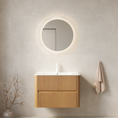 AISU 30" Bathroom Vanity with Sink, Wall-Mounted Floating Plywood Striped Bathroom Storage Cabinet with 2 Drawers, White Rectangle Ceramic Basin, NO Faucet, Pre-assembled, Natural Woodgrain Color