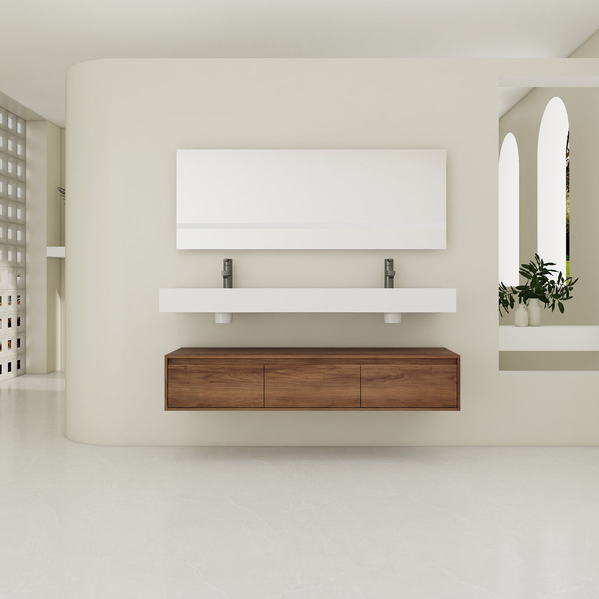AISU 60" Modern Wall-Mounted Bathroom Vanity with Dual Resin Sink and Soft Close Drawers, Brown Ebony Finish