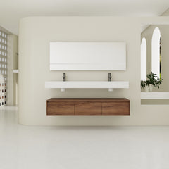 AISU 60" Modern Wall-Mounted Bathroom Vanity with Dual Resin Sink and Soft Close Drawers, Brown Ebony Finish