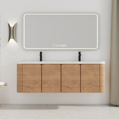 AISU 60" Wall-Mounted Bathroom Vanity with White Resin Sink & 4-Soft-Close Door, KD-Packing, Plywood, Imitative Oak