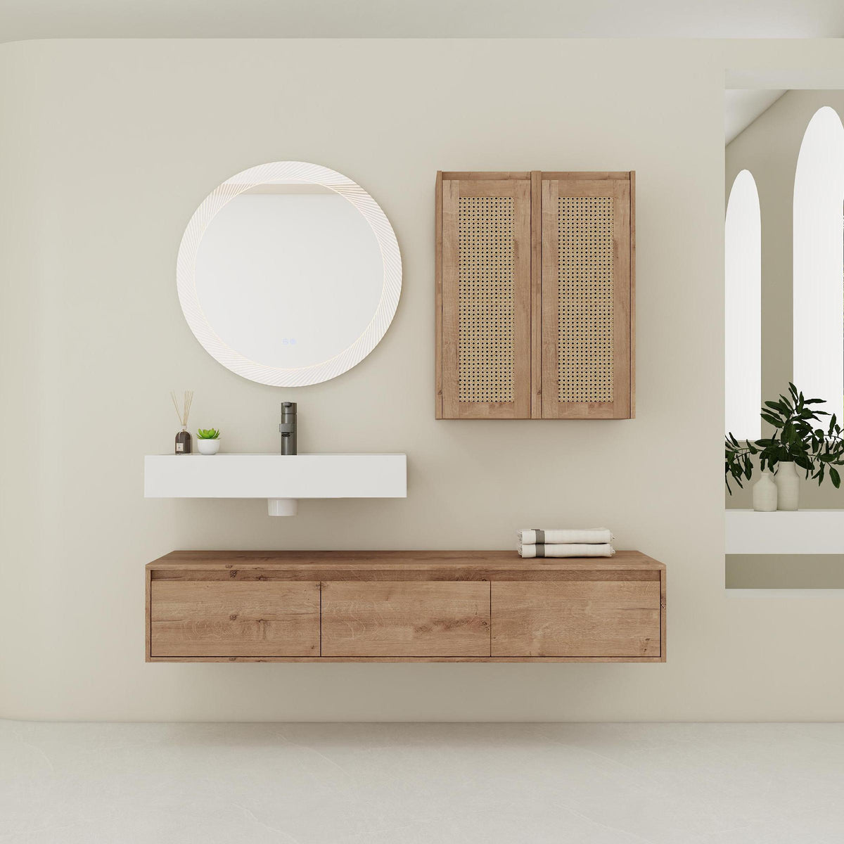 AISU 60" Modern Wall-Mounted Bathroom Vanity with Resin Sink and 2-Side Cabinet, Imitative Oak Finish