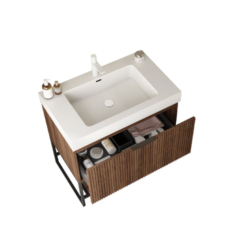 30" freistehender Badezimmerwaschtisch mit Waschbecken, Retro-Walnussholzmaserung 