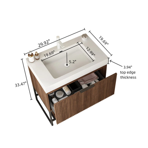 30" freistehender Badezimmerwaschtisch mit Waschbecken, Retro-Walnussholzmaserung 