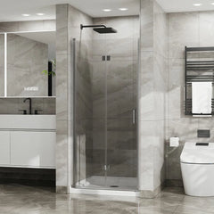 Porte de douche pliante en verre sans cadre 34" x 72" avec porte battante pivotante en verre trempé transparent de 1/4 po, finition chromée