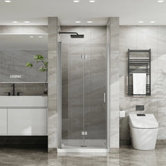 Porte de douche pliante en verre sans cadre 34" x 72" avec porte battante pivotante en verre trempé transparent de 1/4 po, finition chromée