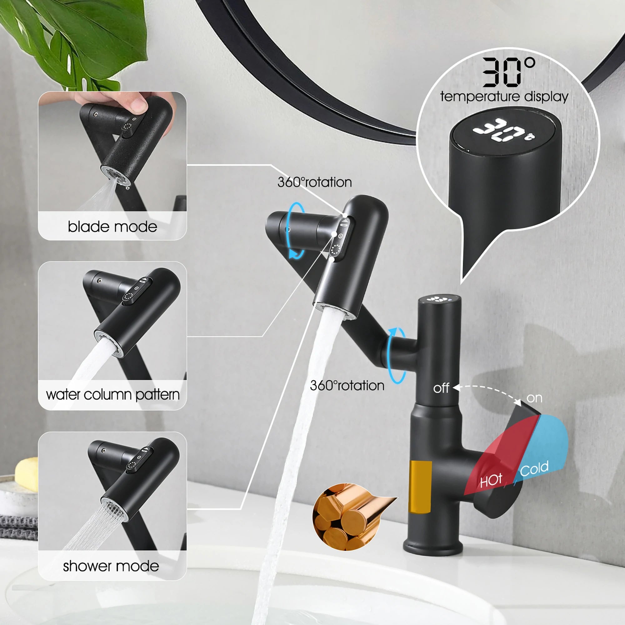 AISU Badezimmer-Waschtischarmatur mit Sprühfunktion, Temperaturanzeige, Anti-Rutsch-Schalter, Heiß- und Kaltwasserregler und 360° schwenkbarem Auslauf 
