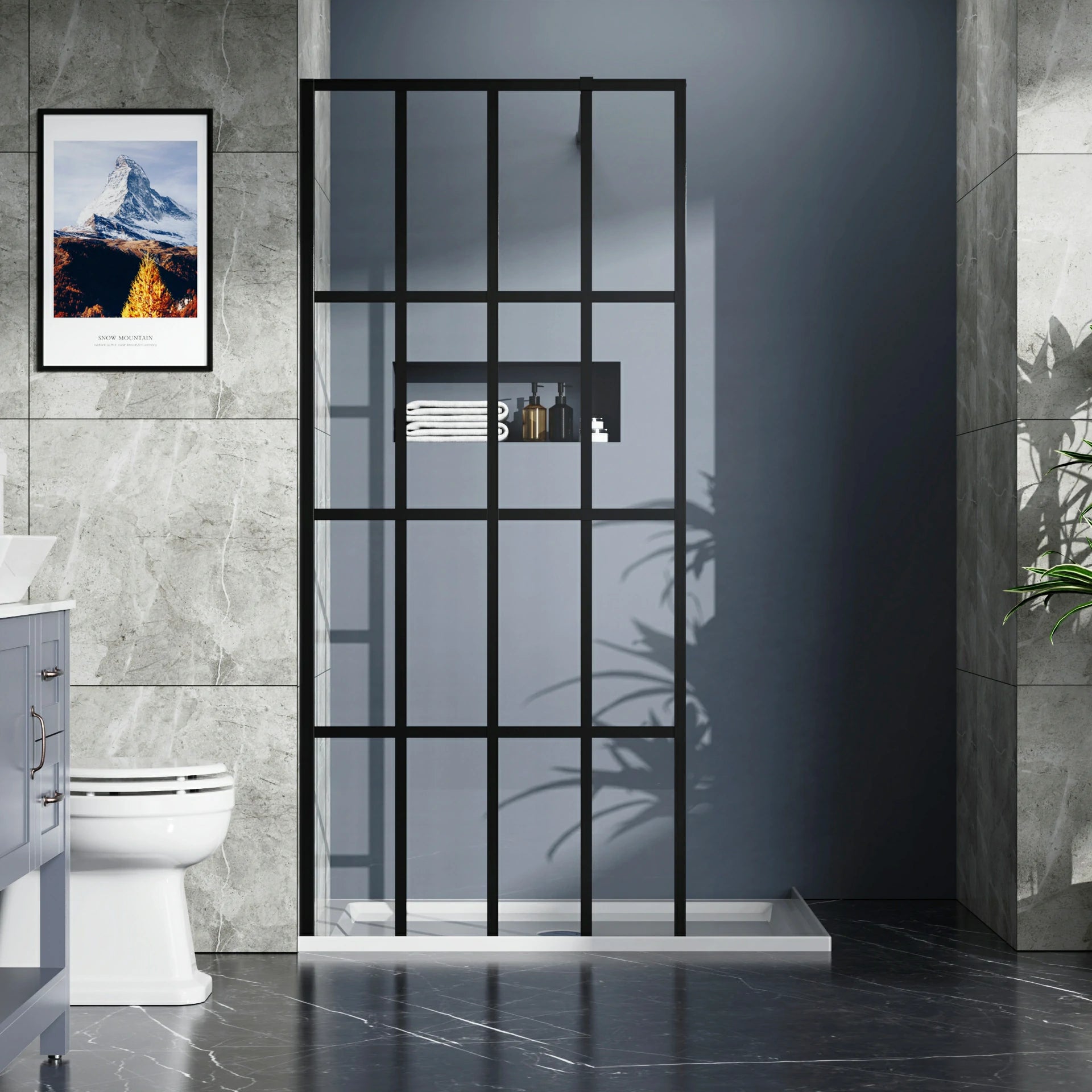 AISU 34"/46“ X 72" Duschwand Walk-in, schwarzes Finish 
