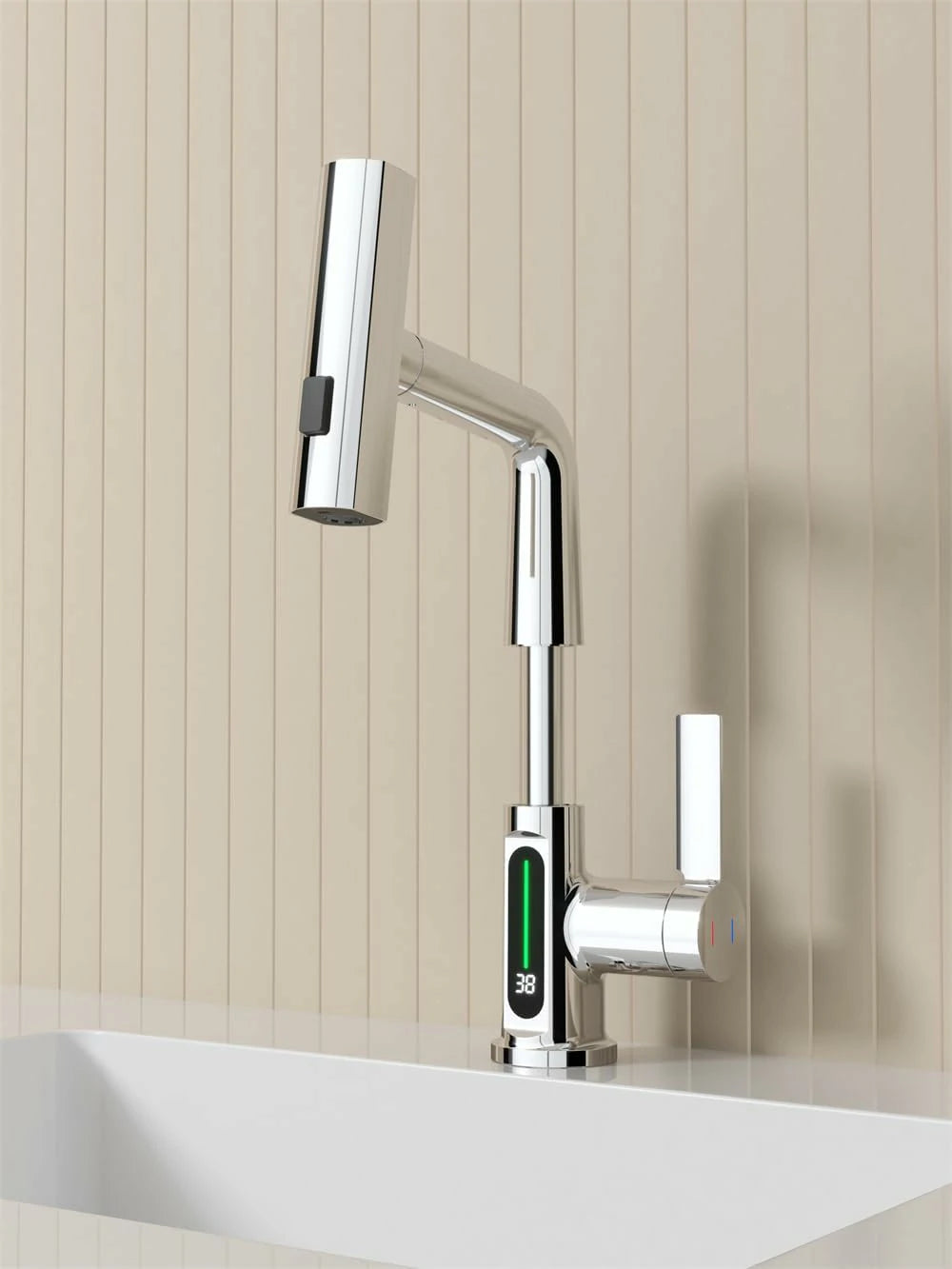 Ausziehbarer Lift-LED-Temperatur-Digitalanzeige-Badezimmer-Waschbeckenhahn