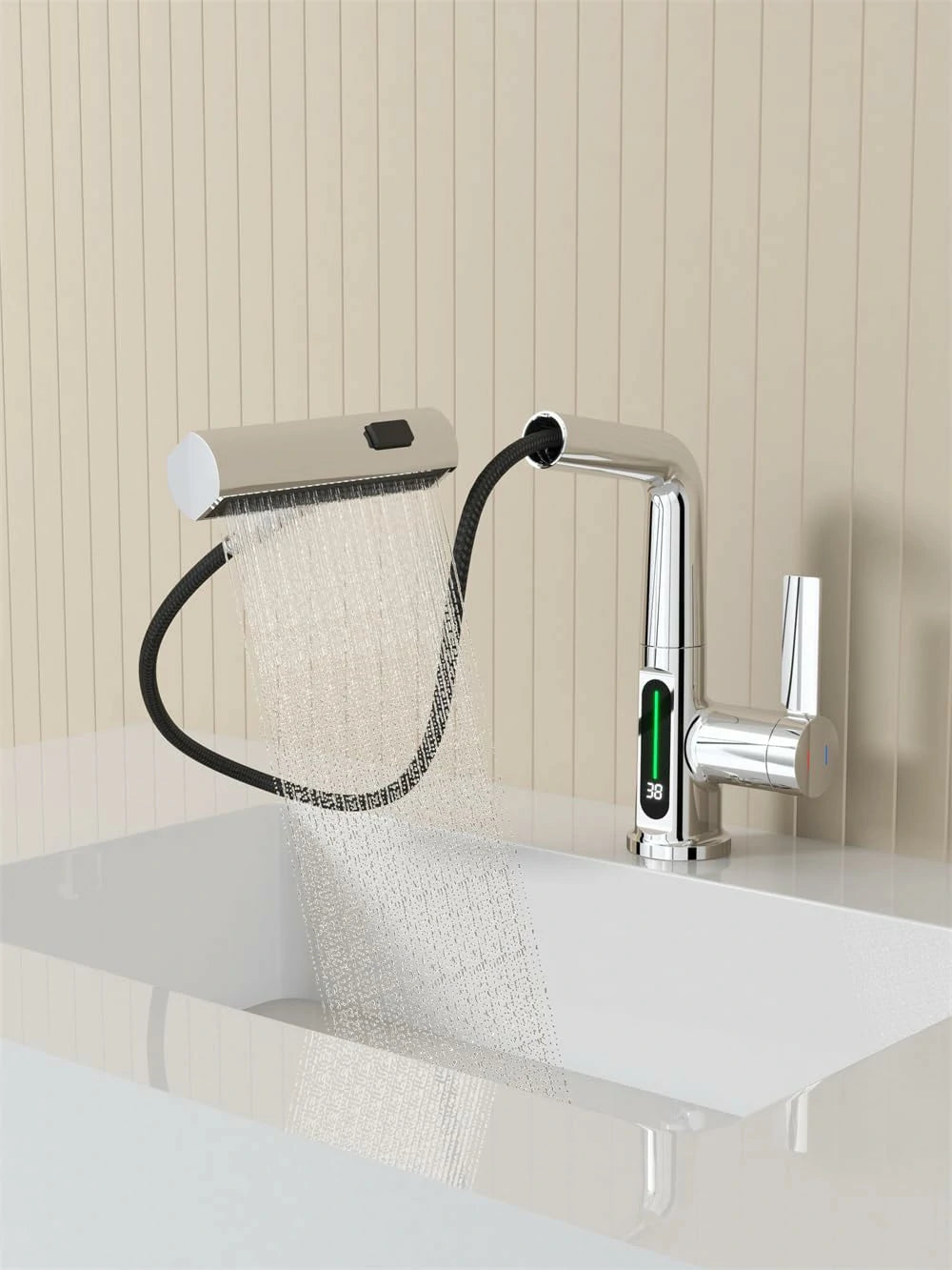 Ausziehbarer Lift-LED-Temperatur-Digitalanzeige-Badezimmer-Waschbeckenhahn
