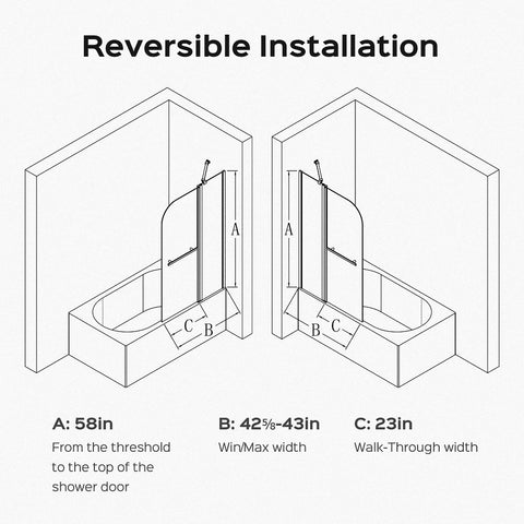 43 Zoll B x 58 Zoll H, rahmenlose Faltduschtüren für Badewanne, 1/4 Zoll (6 mm) dickes SGCC-Hartglas, Chrom