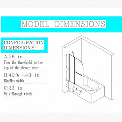 Portes de douche pliantes sans cadre pour baignoire, 43 po de largeur x 58 po de hauteur, verre trempé SGCC de 6 mm d'épaisseur, noir mat