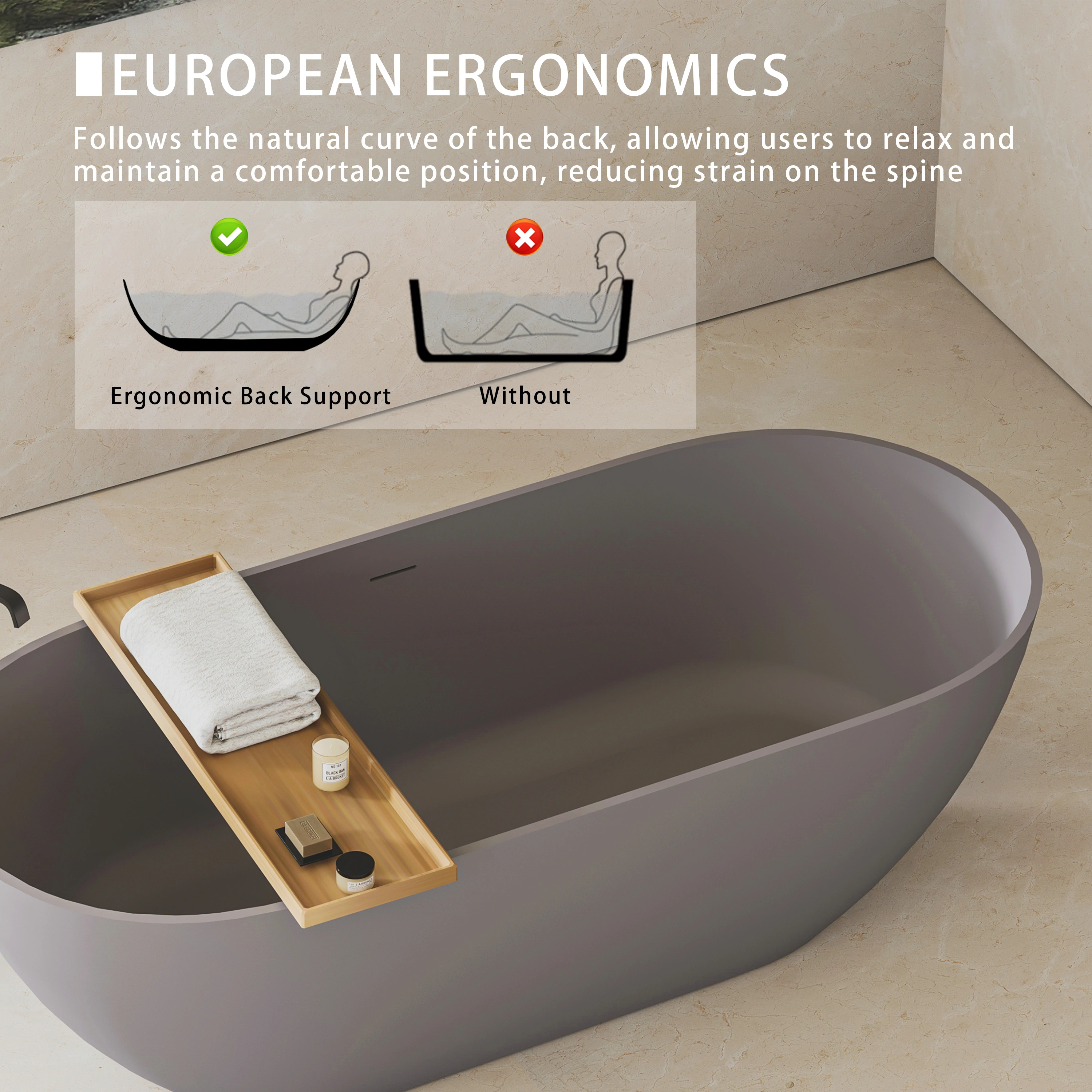AISU Luxus-Badewanne aus massivem Kunstharz, freistehende Badewanne aus Steinharz mit Überlauf und Pop-up-Abfluss für moderne Badezimmer, Mattgrau