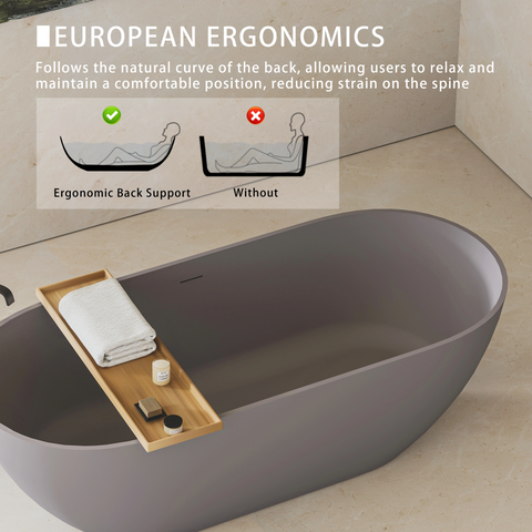 AISU Luxus-Badewanne aus massivem Kunstharz, freistehende Badewanne aus Steinharz mit Überlauf und Pop-up-Abfluss für moderne Badezimmer, Mattgrau